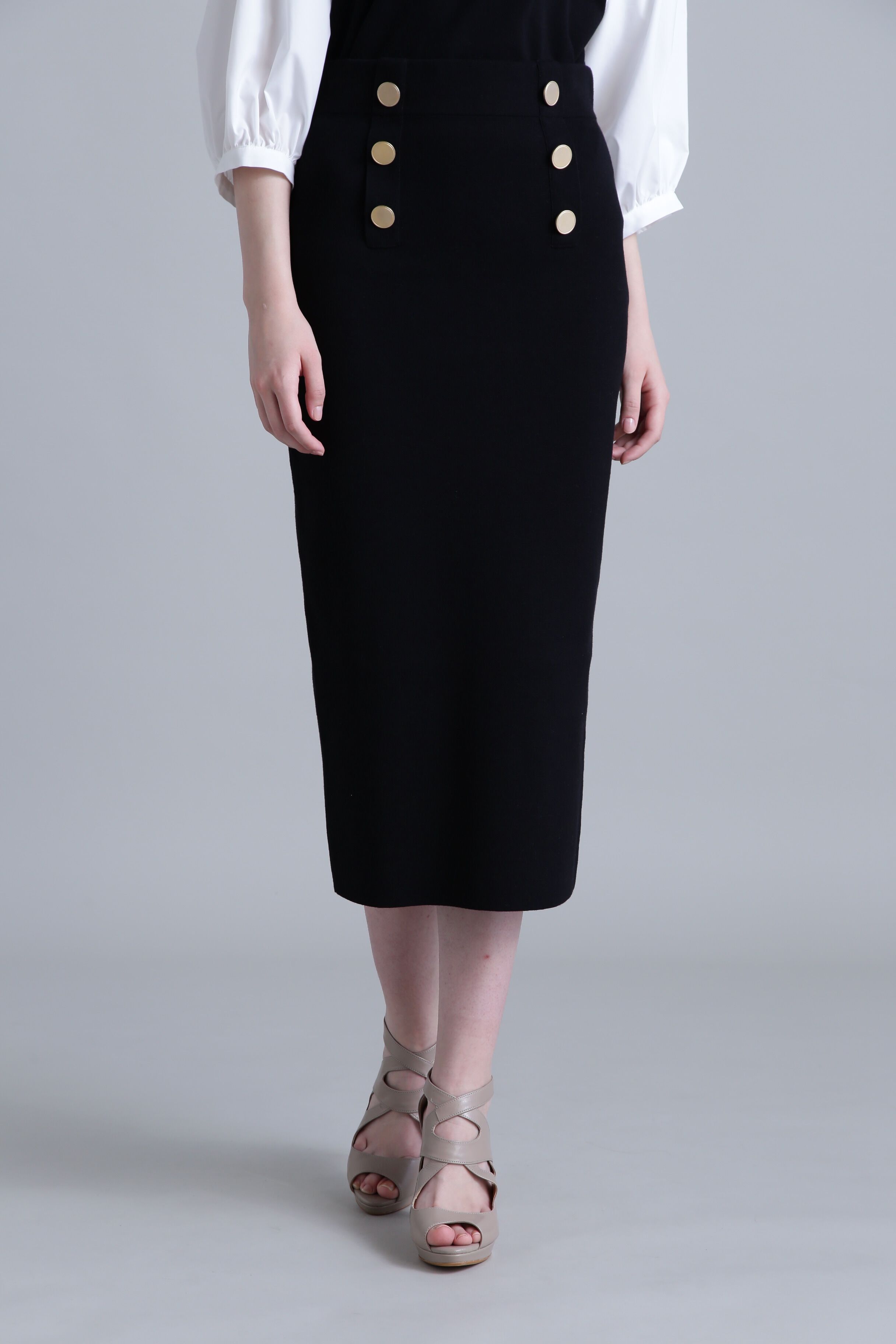  「◆メタル釦ニットスカート」|スカート|ブラック&times;ホワ