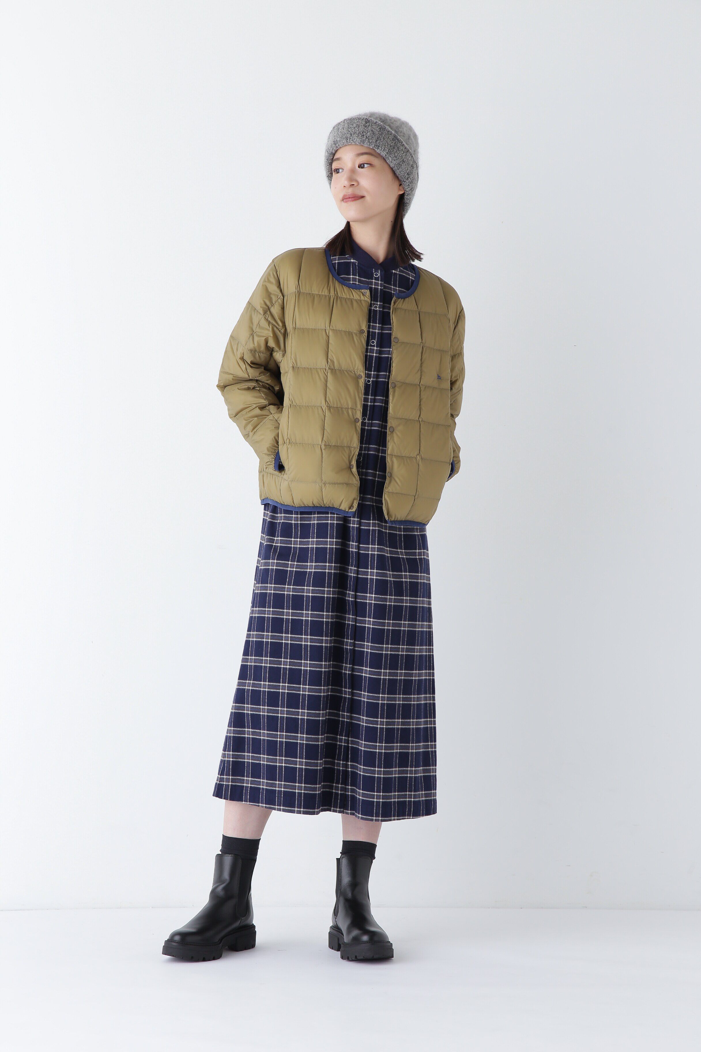  「◆コットン起毛チェックリブカラーシャツワンピース」|ワンピース|