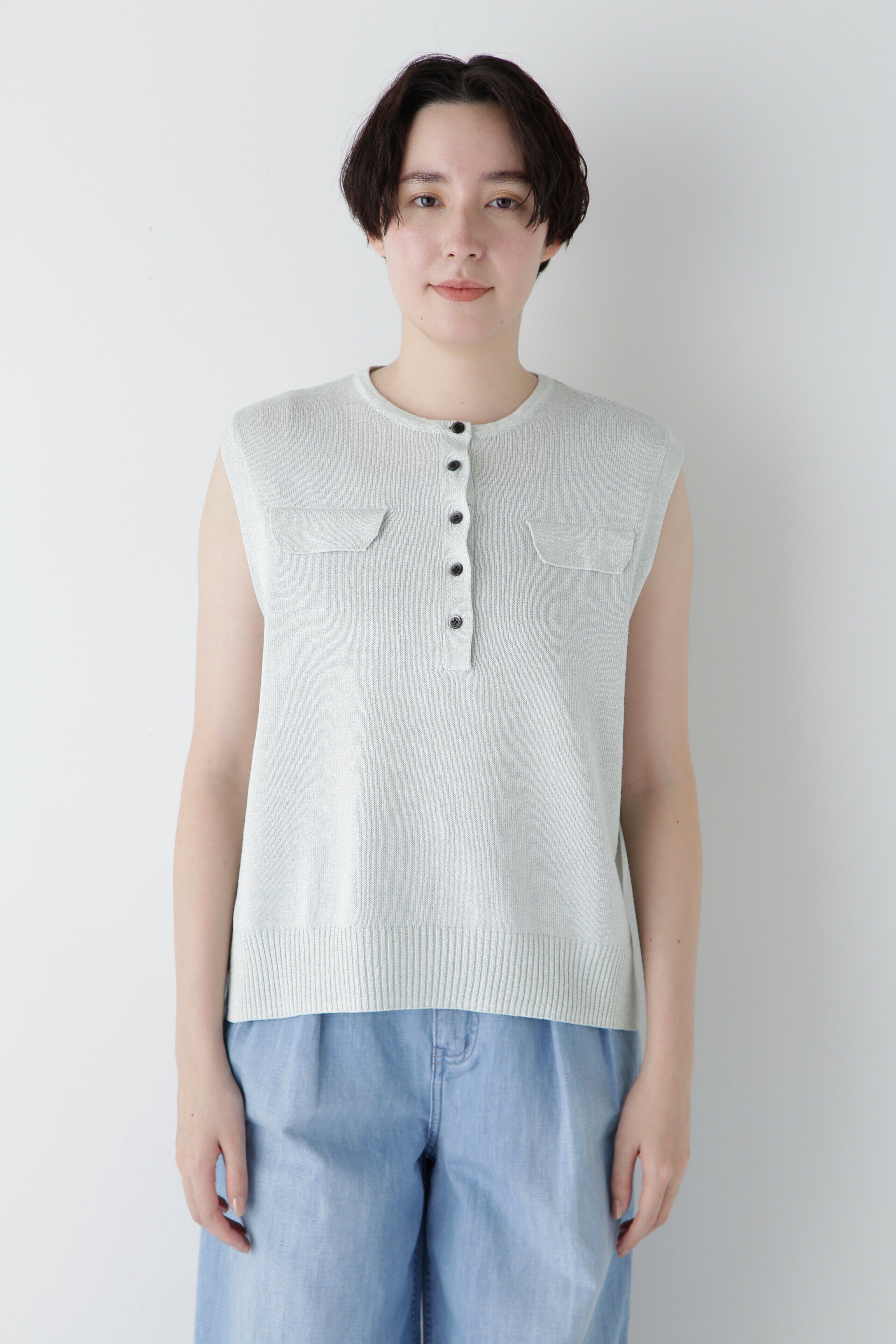  「◆【ウォッシャブル】ペーパーヤーンヘンリネックベスト」|ニット・セーター|