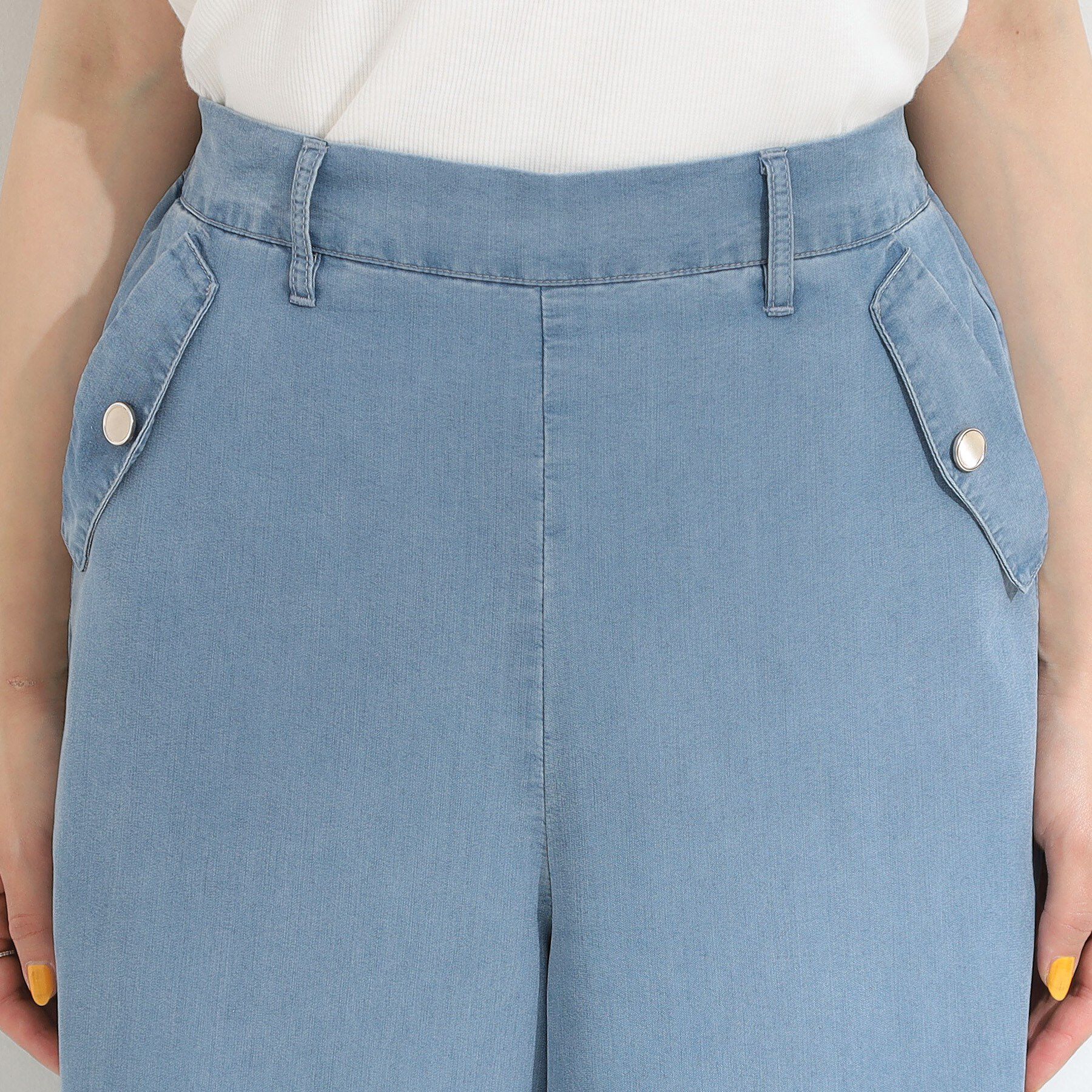 SHOO･LA･RUE「【洗える/S-LL/ひんやり】金ボタンがアクセント　大人のデニムガウチョパンツ」|デニム|