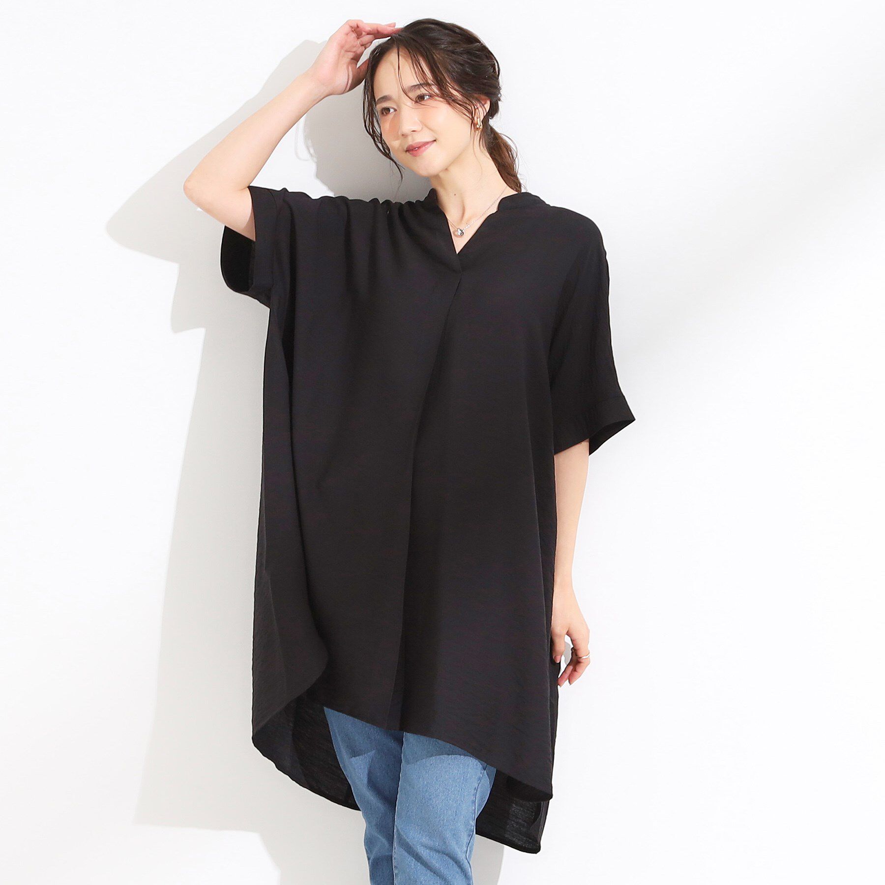 SHOO･LA･RUE「【S-LL/ひんやり】涼しく楽に体型カバー　ゆったりスキッパー半袖チュニック」|チュニック|