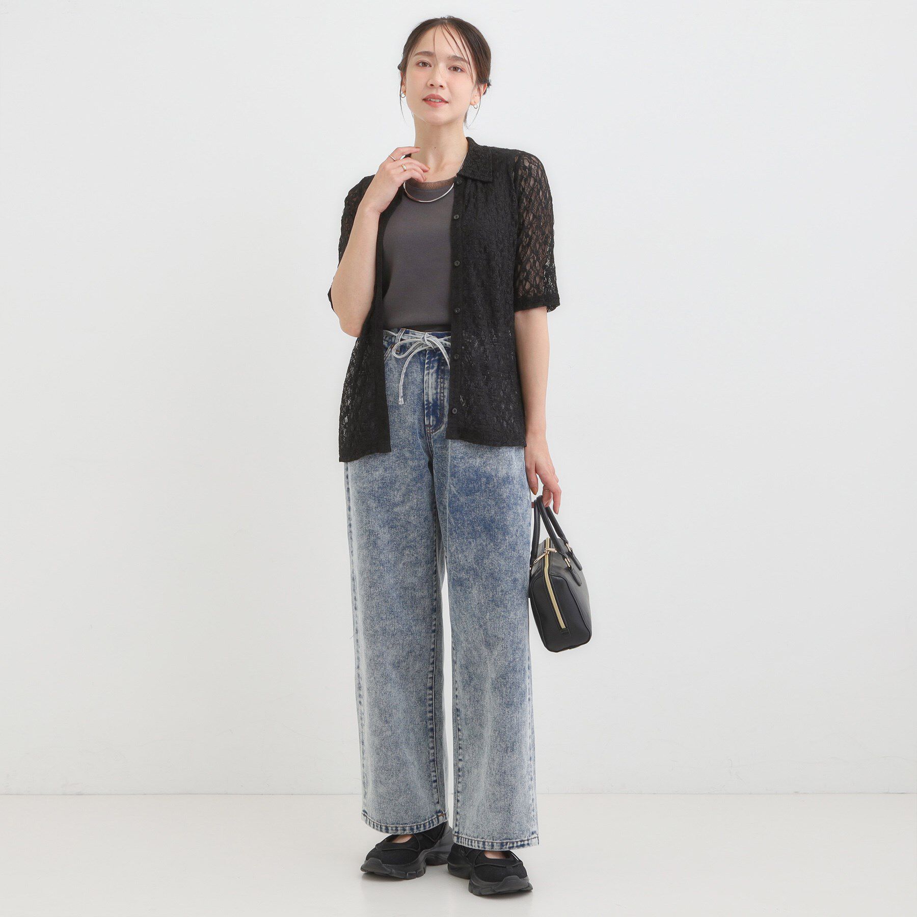 SHOO･LA･RUE「【S-LL/5分袖】大人の抜け感 襟付きレーストップス」|Tシャツ・カットソー|