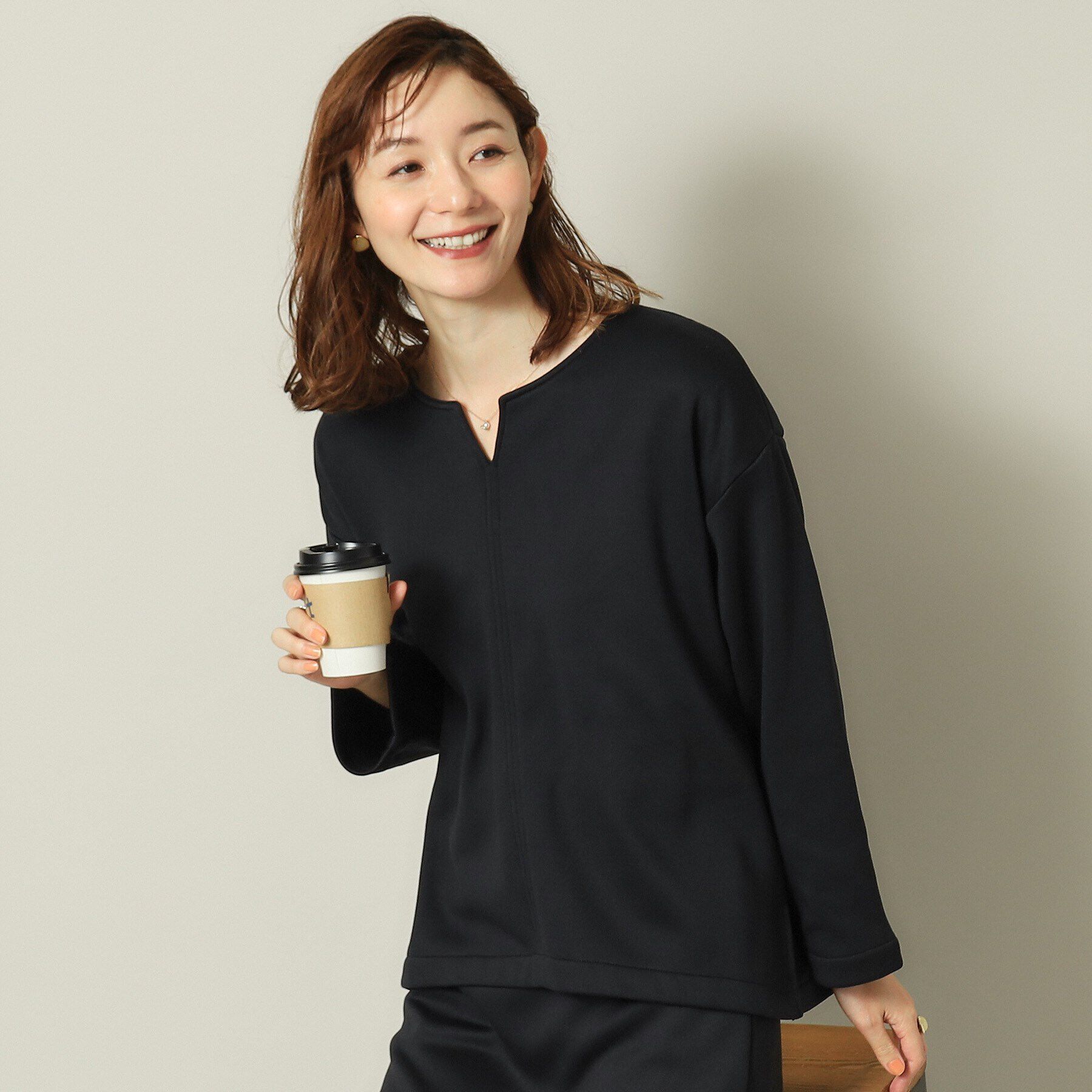 ITS&rsquo;DEMO「【手洗い可】裏起毛キーネックプルオーバー」|Tシャツ・カットソー|ブラック(019)