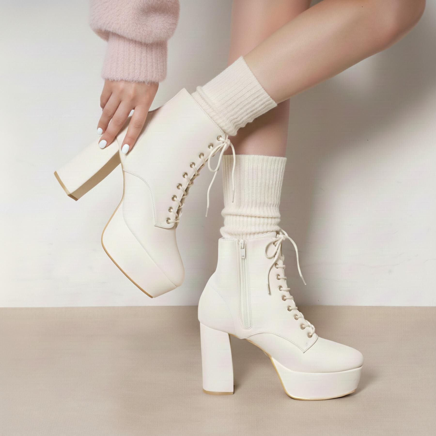 ESPERANZA「【ラク盛り／ショートブーツ】リピーター続出／脚長美脚　厚底レースアップブーツ」|ショートブーツ|アイボリー(004)