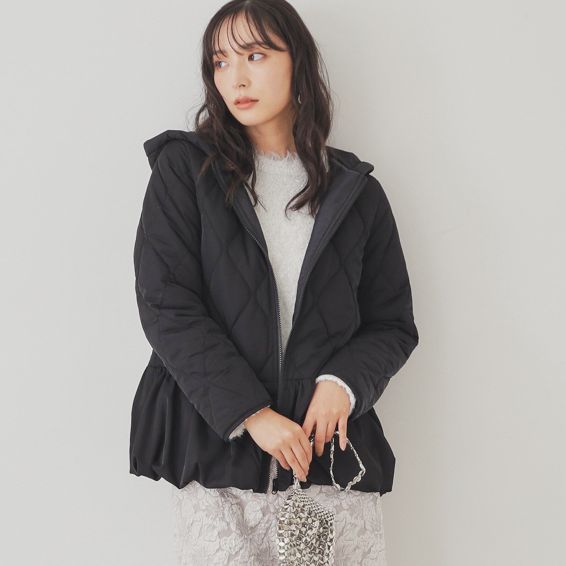 SunaUna「【フード付き/ペプラムシルエット】中綿キルティングコート」|その他|ﾌﾞﾗｯｸ(019)