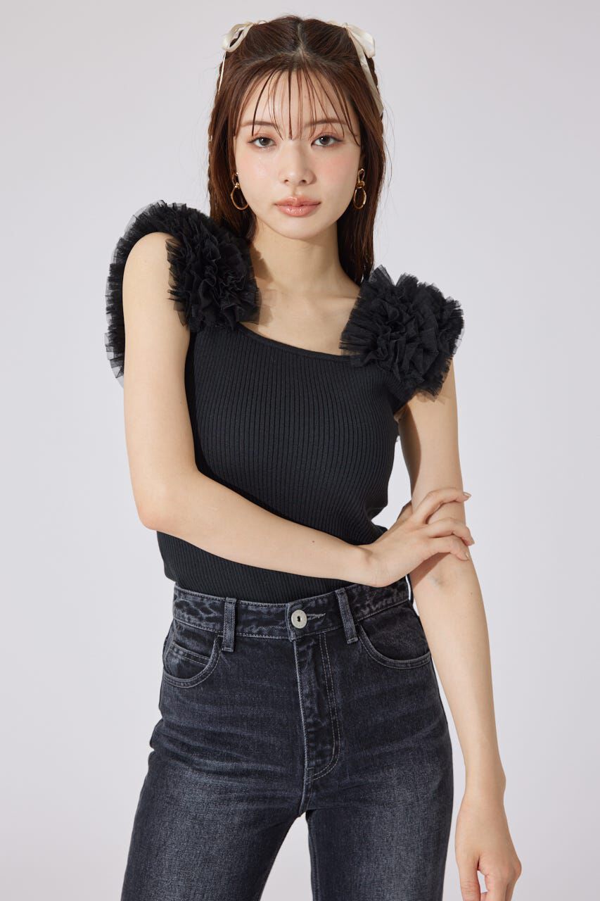 rienda「ショルダーチュールコンビニットトップス」|タンクトップ|BLK