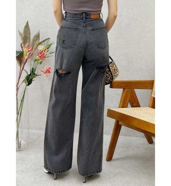 EVRIS「BACKスラッシュワイドデニムパンツ」|デニム|ブラック