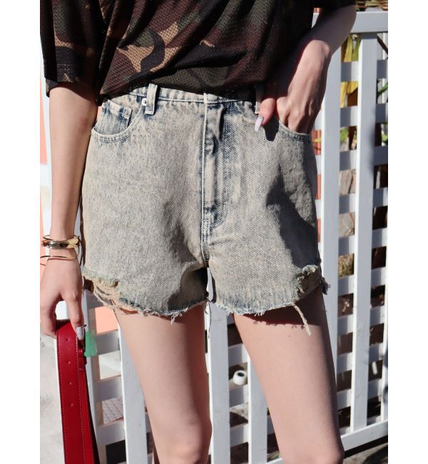 EVRIS「ダメージデニムショートパンツ」|デニム|ベージュ