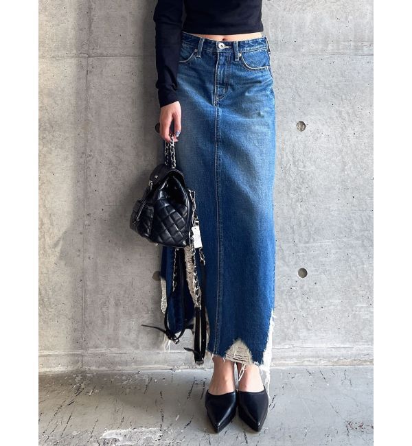 GYDA「HEM ダメージデザイン デニム ロングスカート」|スカート|ブルー