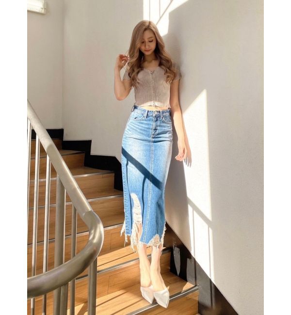 GYDA「HEM ダメージデザイン デニム ロングスカート」|スカート|