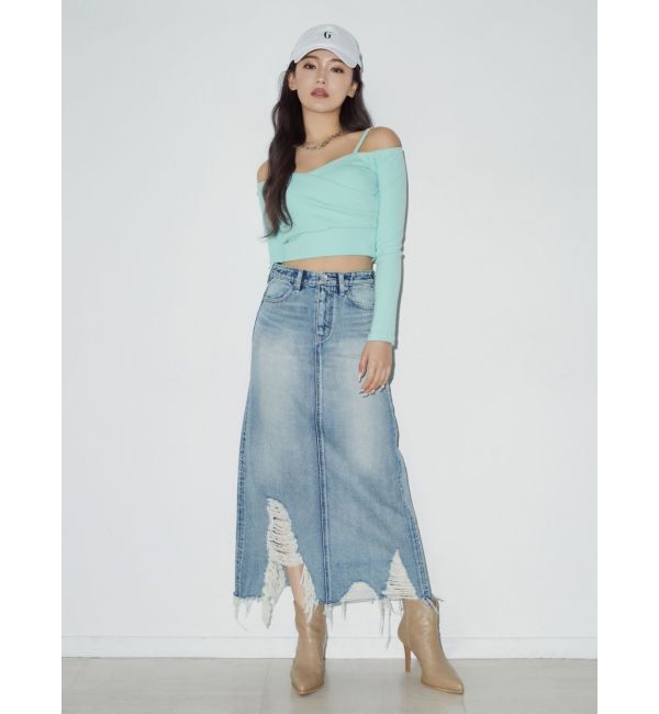 GYDA「HEM ダメージデザイン デニム ロングスカート」|スカート|