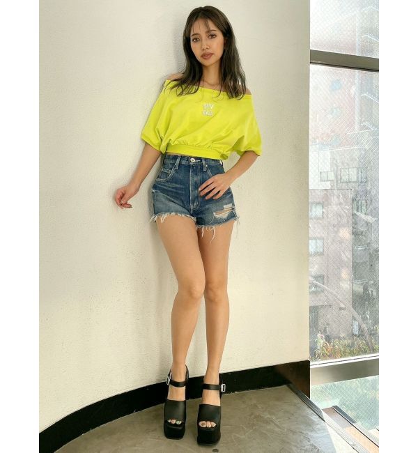GYDA「ハイウエストダメージデニムショートパンツ」|デニム|
