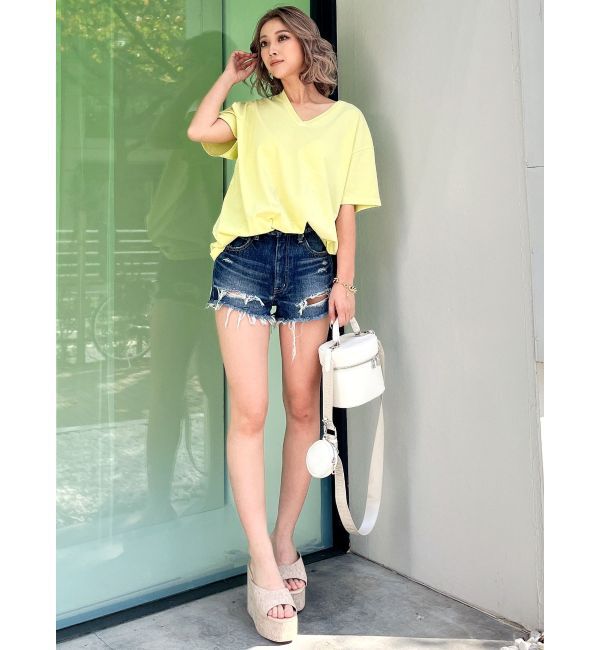 GYDA「ハイウエストダメージデニムショートパンツ」|デニム|