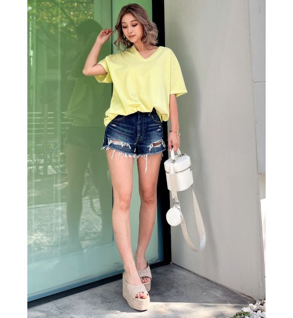 GYDA「ハイウエストダメージデニムショートパンツ」|デニム|