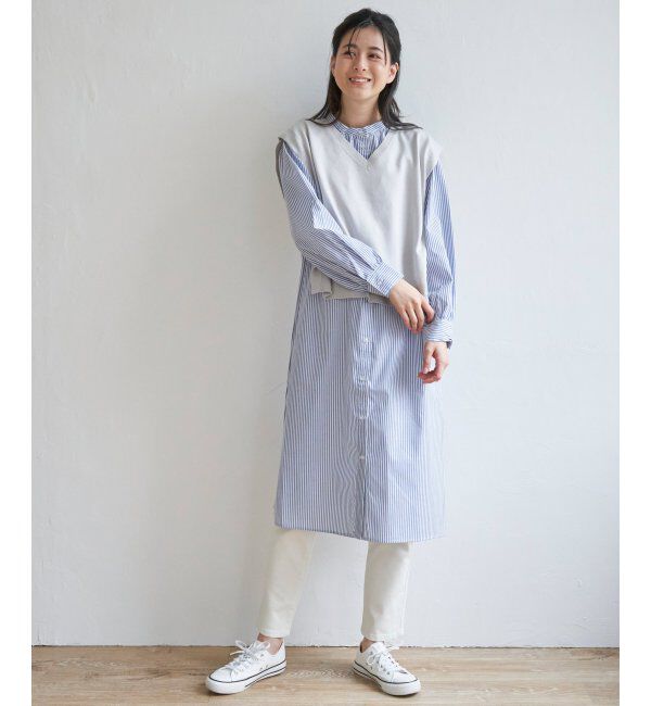 ikka「【2点セット】ニットベストシャツワンピセット」|ワンピース|グレイ