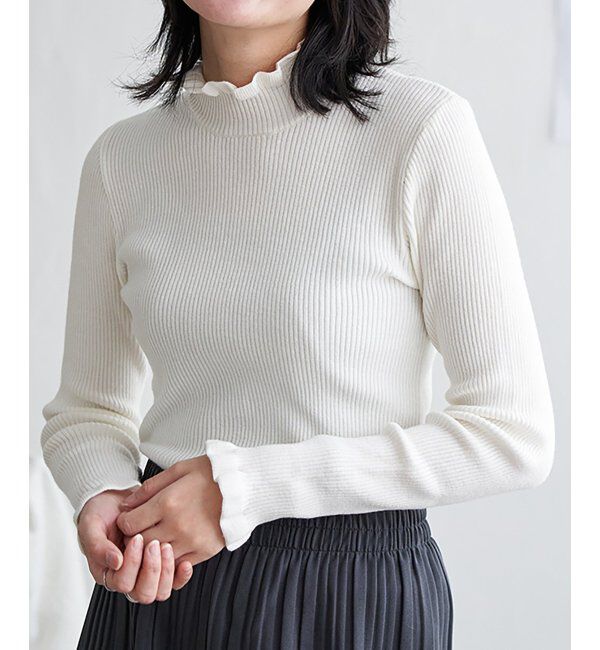VENCE share style「12Gリブフリルネックニットプルオーバー」|タンクトップ|オフホワイト