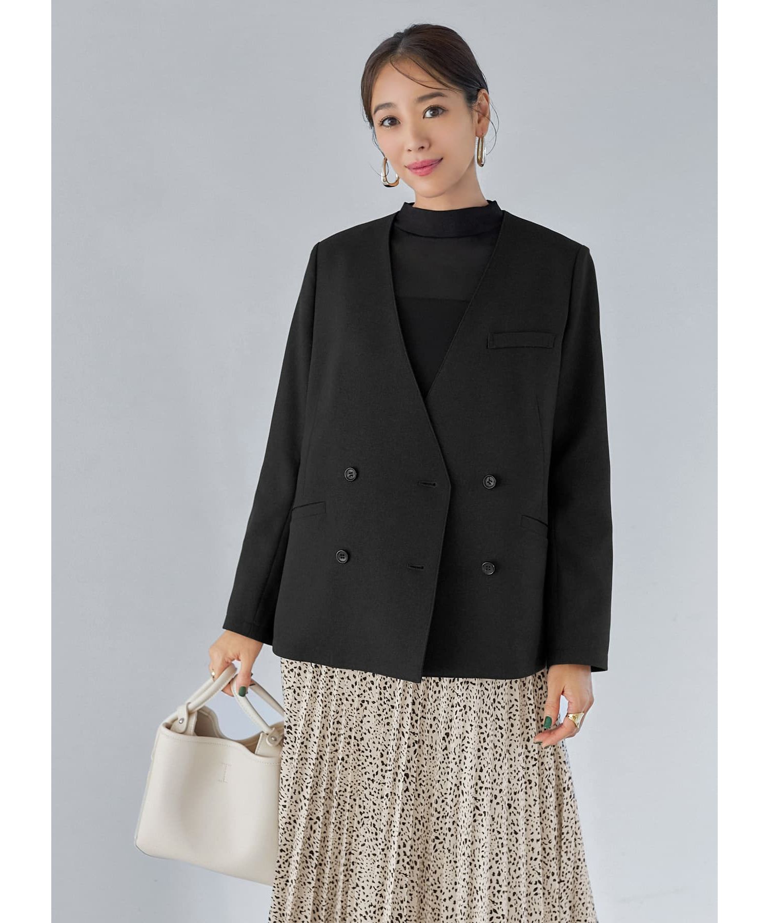 STYLE DELI「【Made in JAPAN】ノーカラーダブルジャケット」|ノーカラージャケット|ブラック