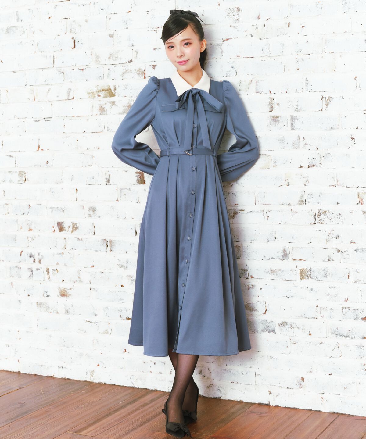 REDYAZEL「リボンタイパフスリーブワンピース」|ワンピース|ブルー