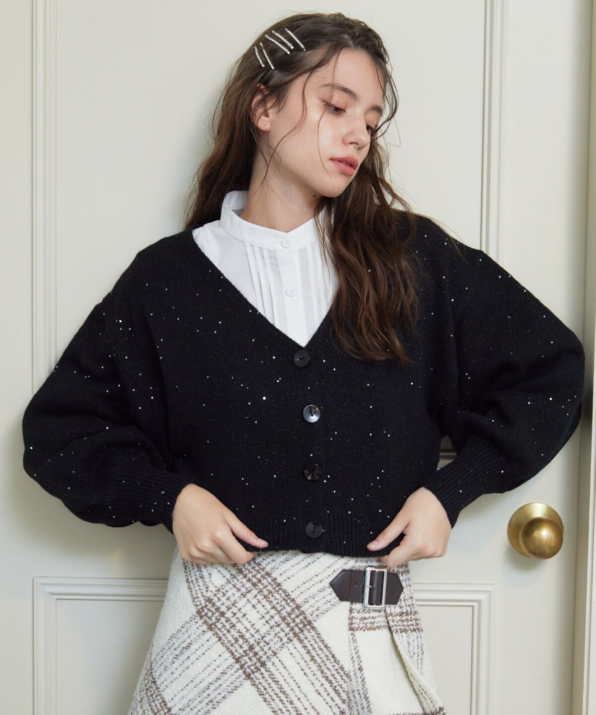 REDYAZEL「ラメスパンコールショートカーディガン」|カーディガン|