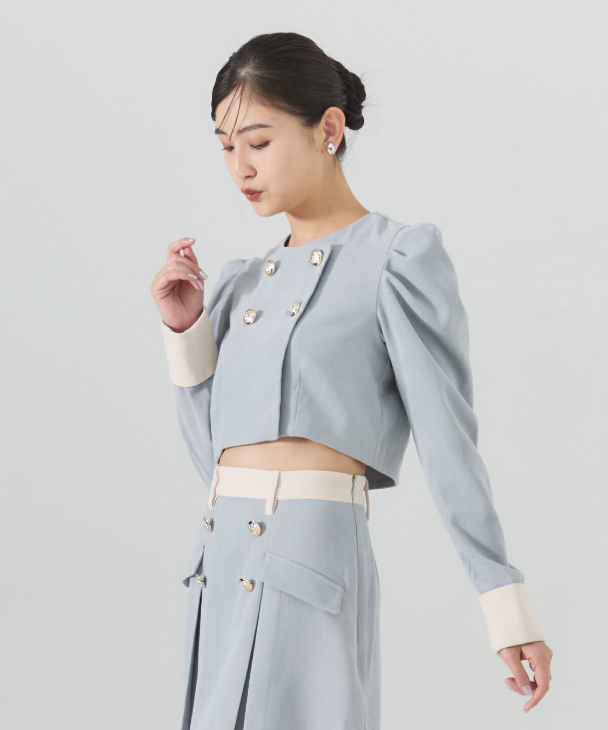 REDYAZEL「ダブルボタンバイカラージャケット」|ノーカラージャケット|