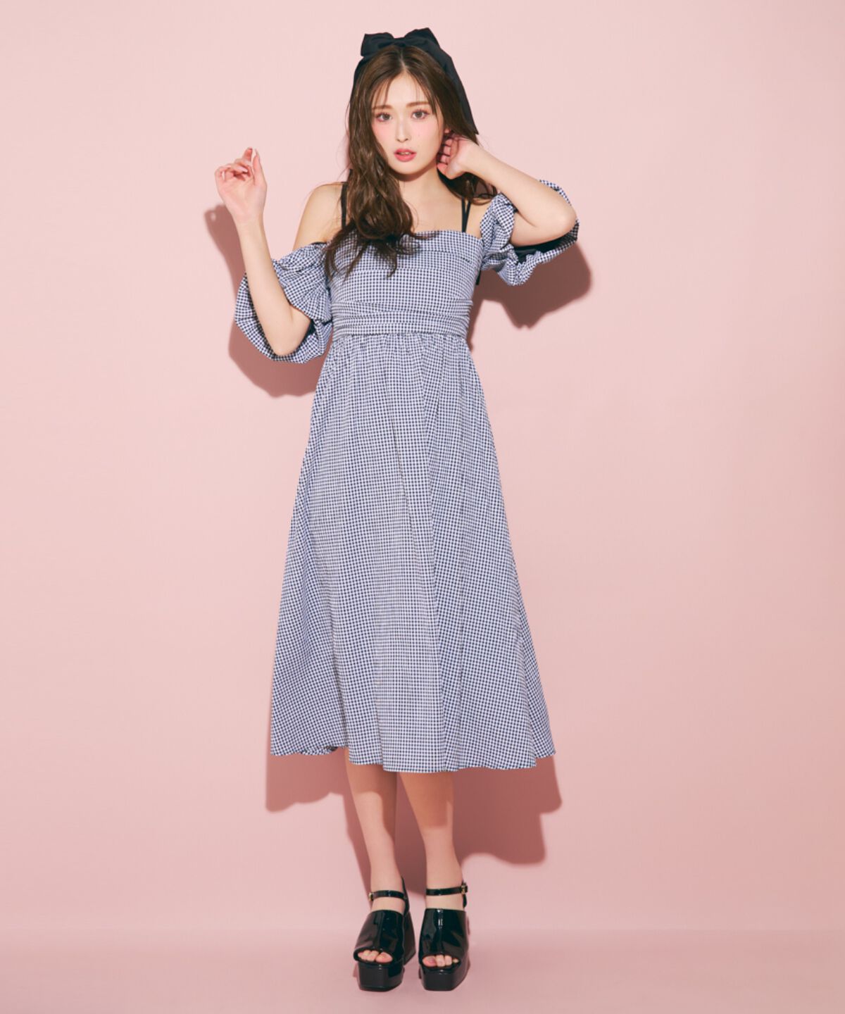 REDYAZEL「リボンショルダーオフショルロングワンピース」|ワンピース|黒系チェック
