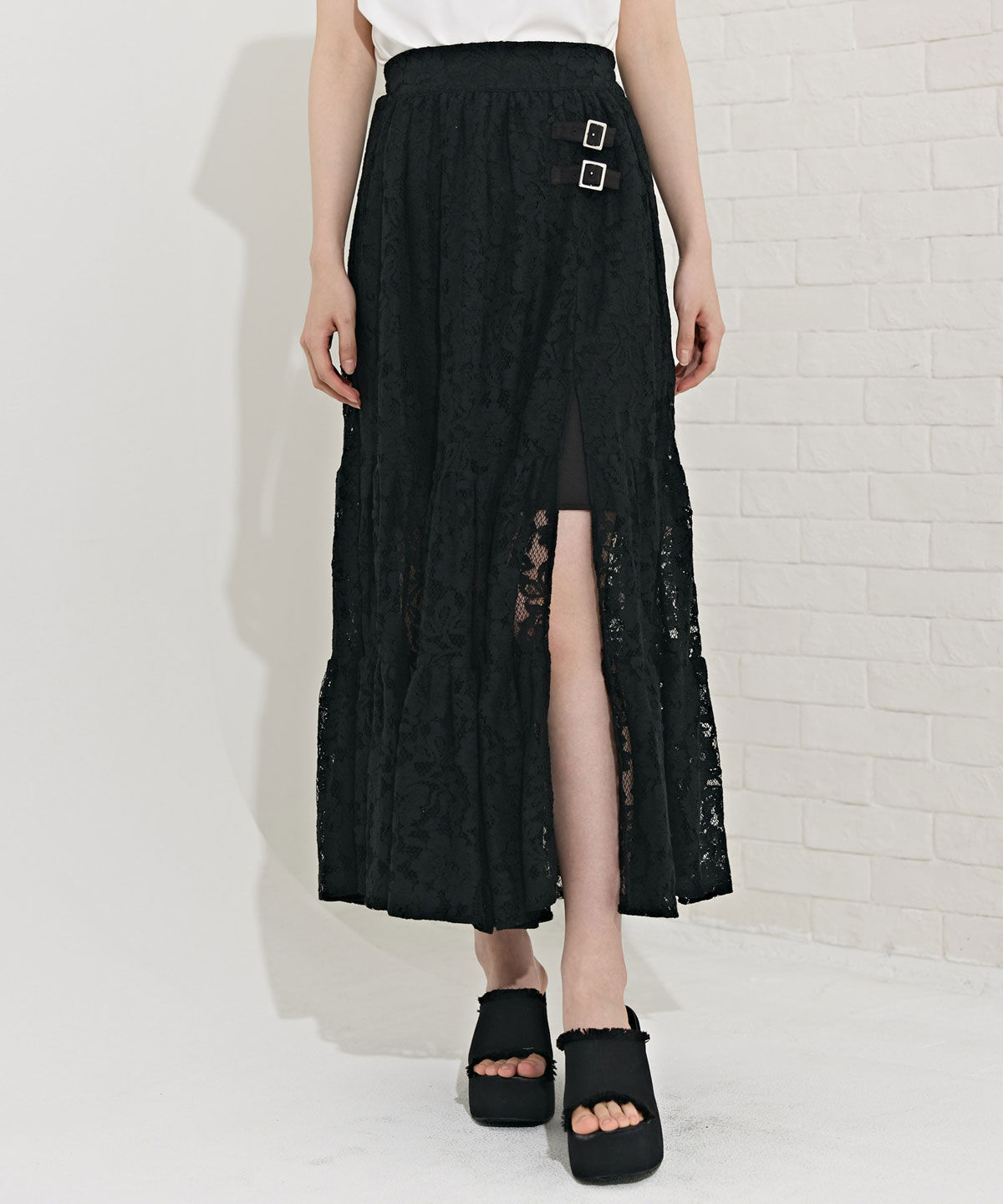 REDYAZEL「ダブルベルトティアードレーススカート」|フレア|ブラック