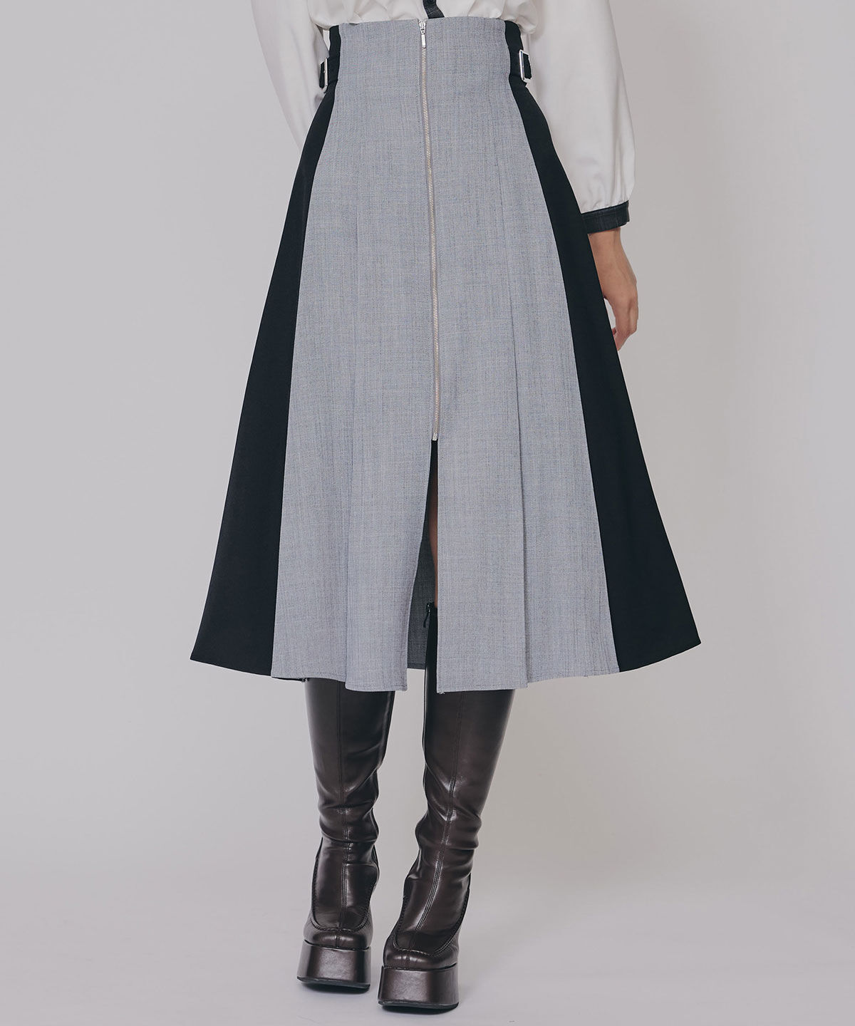 REDYAZEL「フロントジップバイカラーミディスカート」|フレア|ｸﾞﾚﾝﾁｪｯｸ(小)