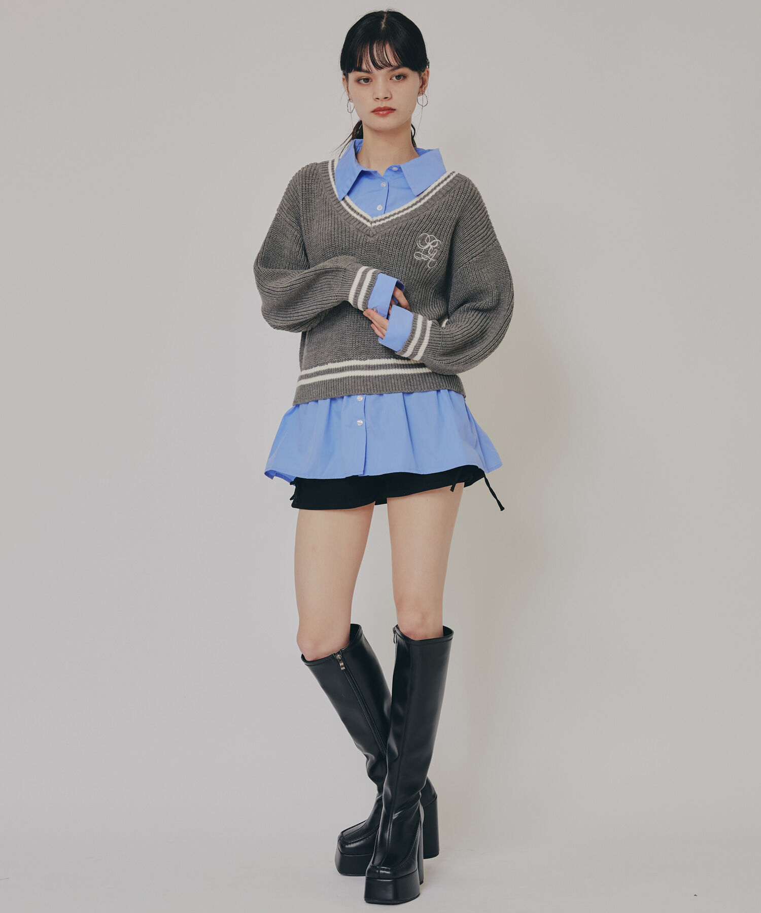 REDYAZEL「レイヤードシャツドッキングニットプルオーバー」|ニット・セーター|