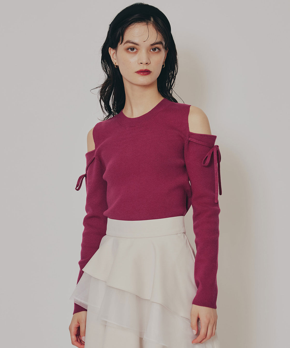 REDYAZEL「リボンオフショルダーニットトップス」|ニット・セーター|ピンク