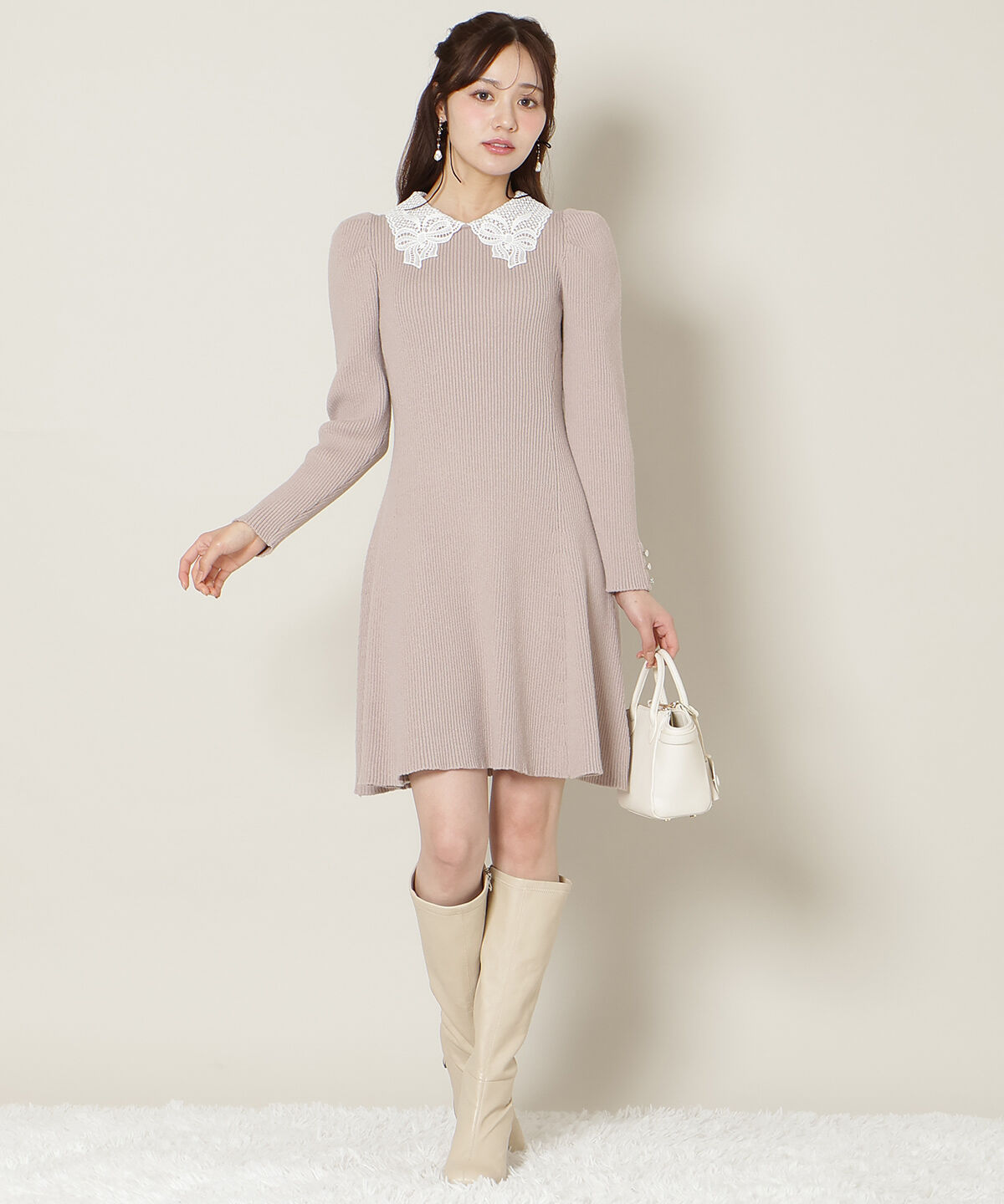 WILLSELECTION「リボンレースカラーニットワンピース」|ワンピース|ピンク