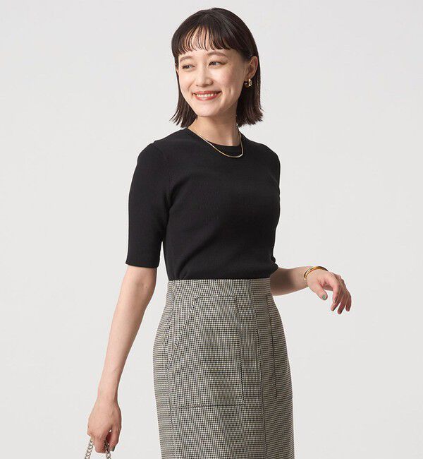 UNITED ARROWS green label relaxing「＜1_OF MINE＞リブ クルーネック 5分袖 ニット プルオーバー」|ニット・セーター|BLACK