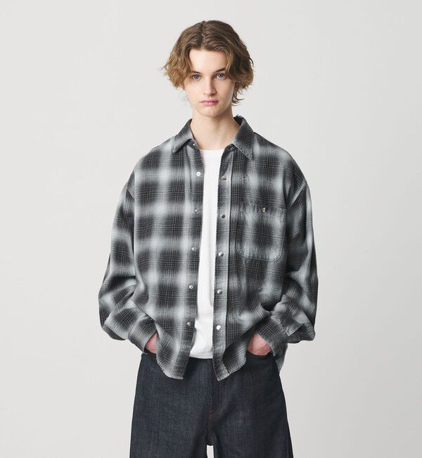 MONKEY TIME「ディストレスト ネル チェック シャツ」|シャツ・ブラウス|BLACK