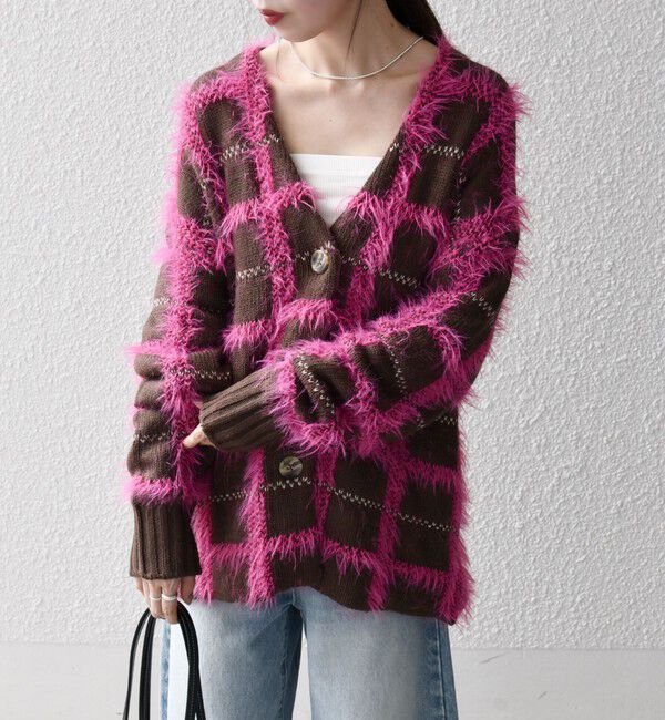 SHIPS any「SHIPS any:〈手洗い可能〉シャギー チェック Vネック カーディガン」|カーディガン|