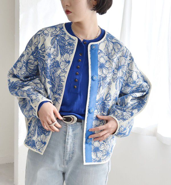 quaranciel「quaranciel: フラワー ジャカード パイピング ノーカラー ジャケット」|ノーカラージャケット|