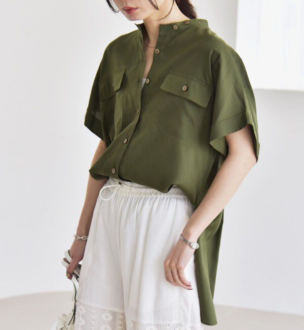 quaranciel「quaranciel:〈手洗い可能〉バンドカラー ハーフスリーブ ポケット ワーク シャツ」|シャツ・ブラウス|