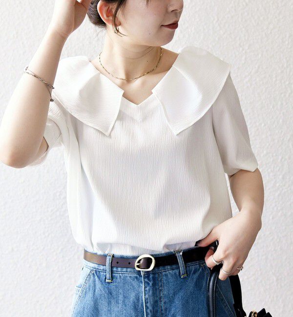 SHIPS any「【WEB限定】SHIPS any:〈洗濯機可能〉ラフ サテン フリルカラー ブラウス 25SS」|シャツ・ブラウス|オフホワイト