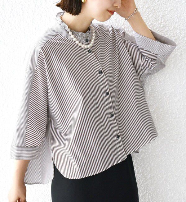 SHIPS for women「【WEB限定】〈手洗い可能〉ブロード ストライプ / 無地 切替 パッチワーク シャツ」|シャツ・ブラウス|ブラウン