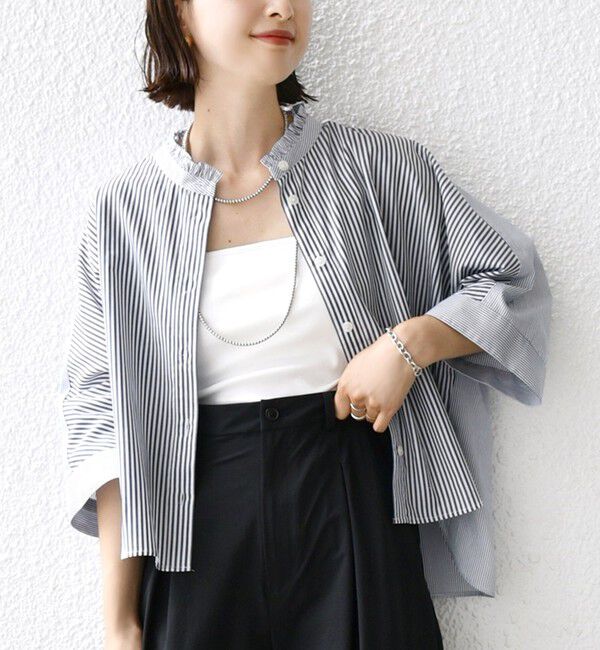SHIPS for women「【WEB限定】〈手洗い可能〉ブロード ストライプ / 無地 切替 パッチワーク シャツ」|シャツ・ブラウス|