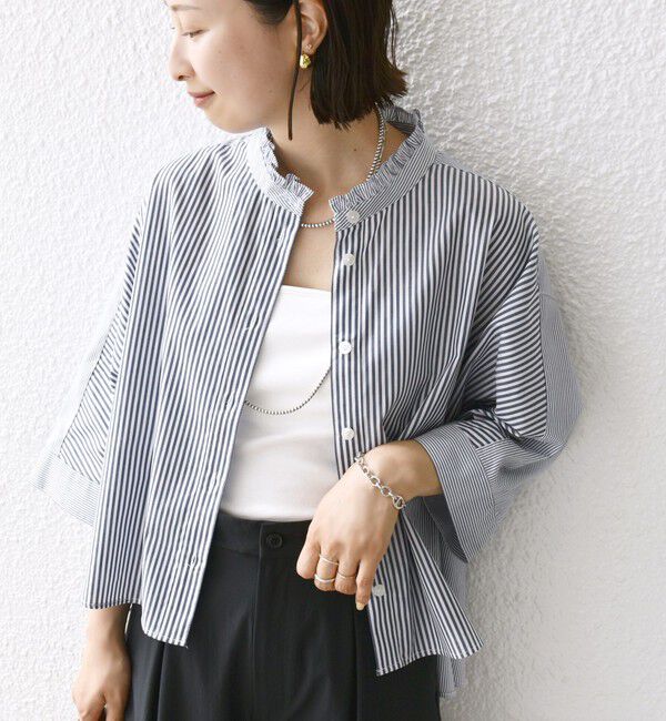 SHIPS for women「【WEB限定】〈手洗い可能〉ブロード ストライプ / 無地 切替 パッチワーク シャツ」|シャツ・ブラウス|