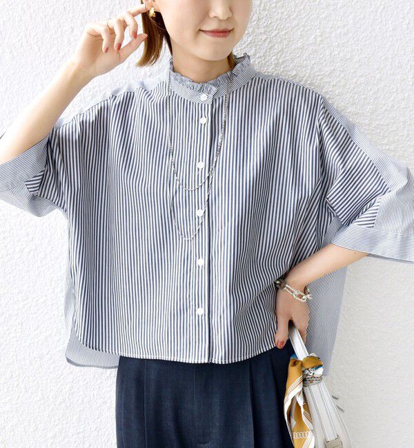 SHIPS for women「【WEB限定】〈手洗い可能〉ブロード ストライプ / 無地 切替 パッチワーク シャツ」|シャツ・ブラウス|