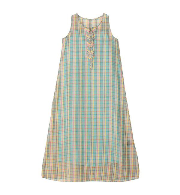CABaN「リネンシルクオーガンジーチェック フロンタブルワンピース」|ワンピース|54 グリーン系