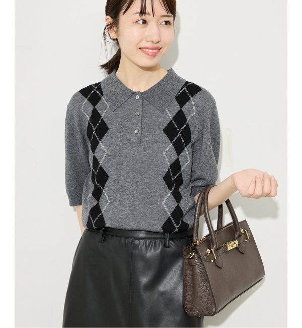 SLOBE IENA「アーガイルハーフスリーブニット」|ニット・セーター|グレー