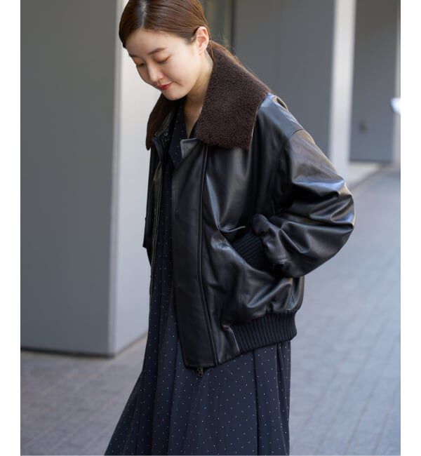 IENA「シープスキンジップブルゾン」|ライダースジャケット|ブラック