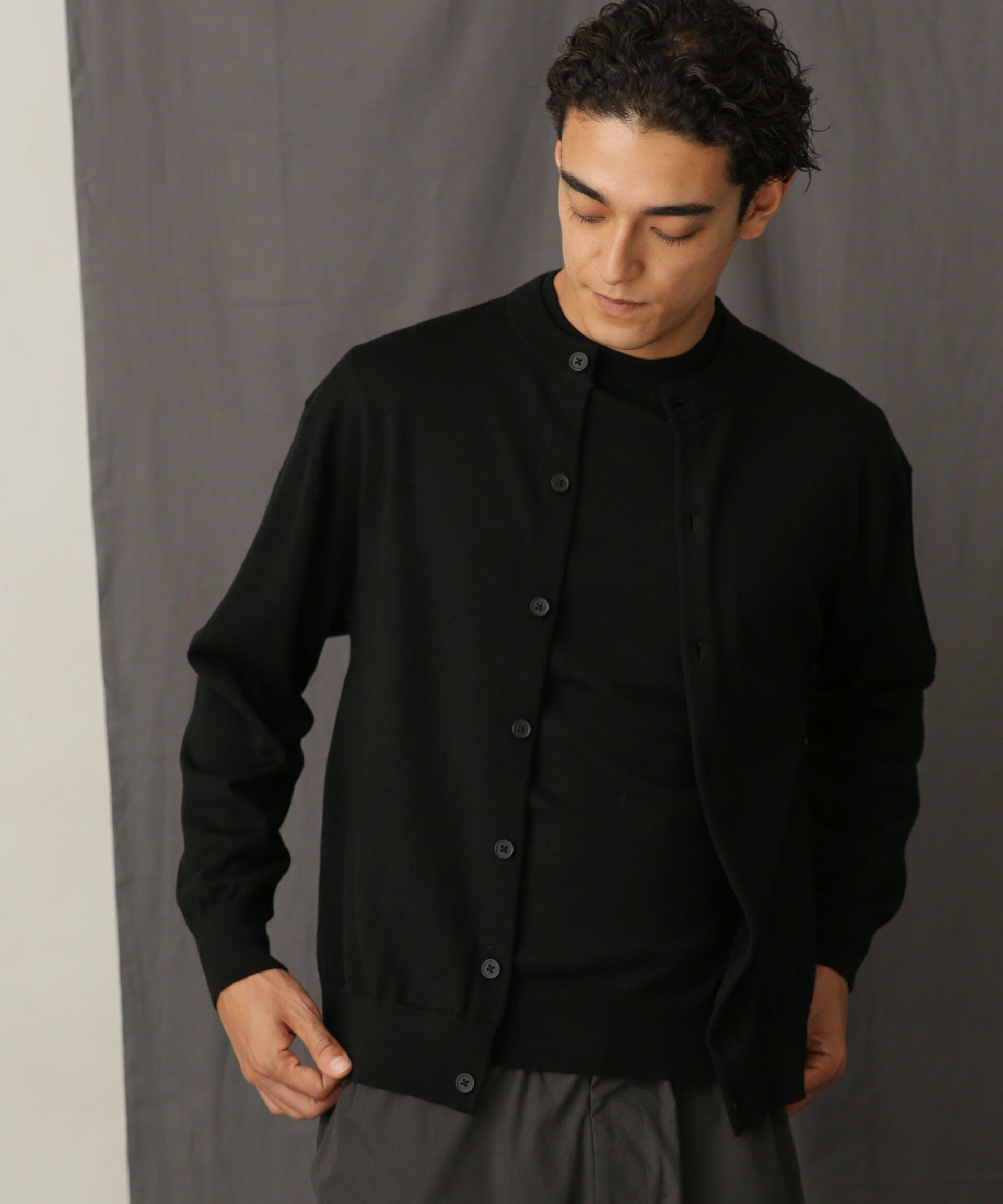 nano･universe「「毛玉レスニット」 ファインゲージクルーネックカーディガン」|ニット・セーター|ブラック