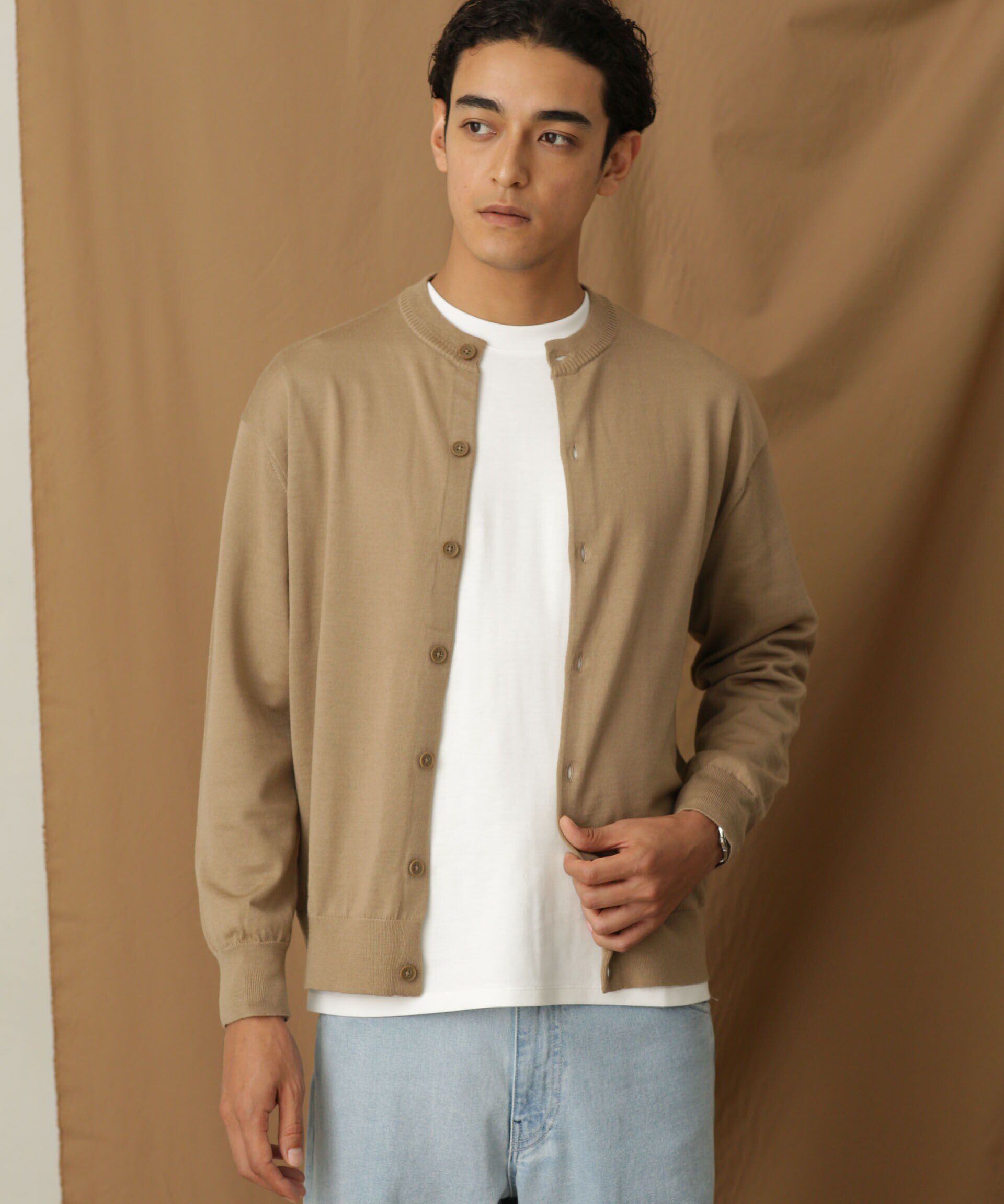 nano･universe「「毛玉レスニット」 ファインゲージクルーネックカーディガン」|ニット・セーター|ベージュ