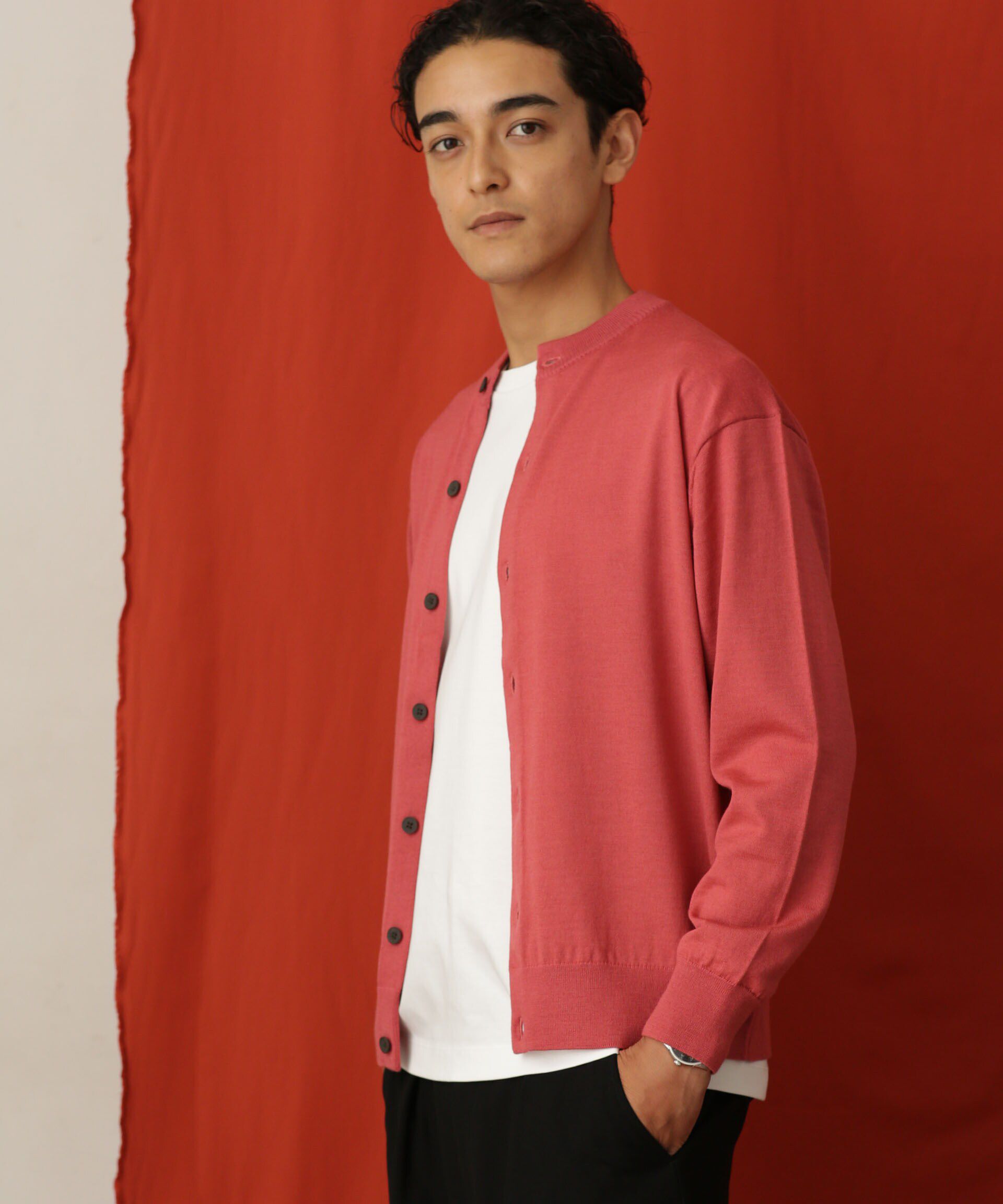 nano･universe「「毛玉レスニット」 ファインゲージクルーネックカーディガン」|ニット・セーター|D.レッド1