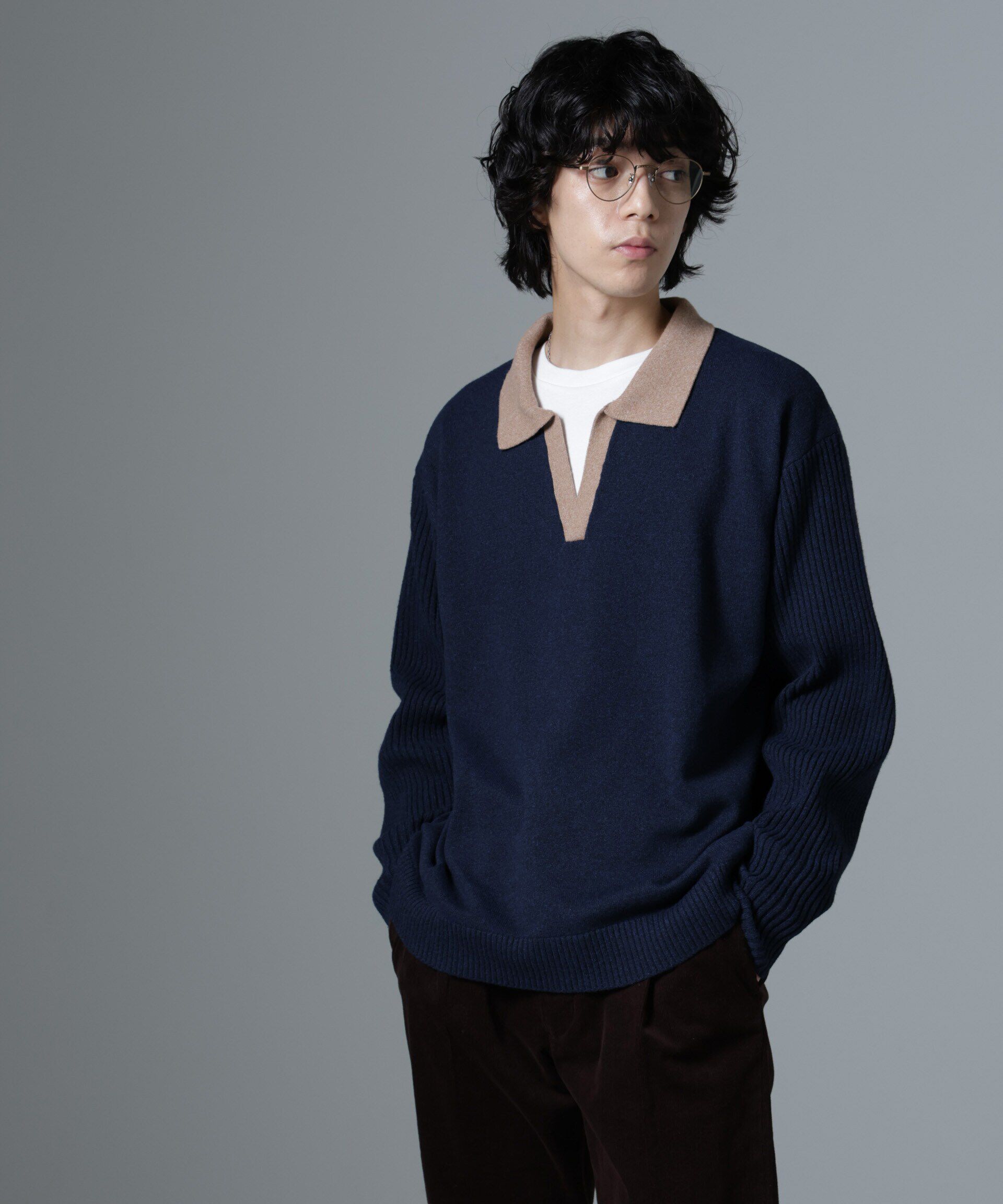 nano･universe「WEB限定/バイカラースキッパーニット」|ニット・セーター|ネイビー