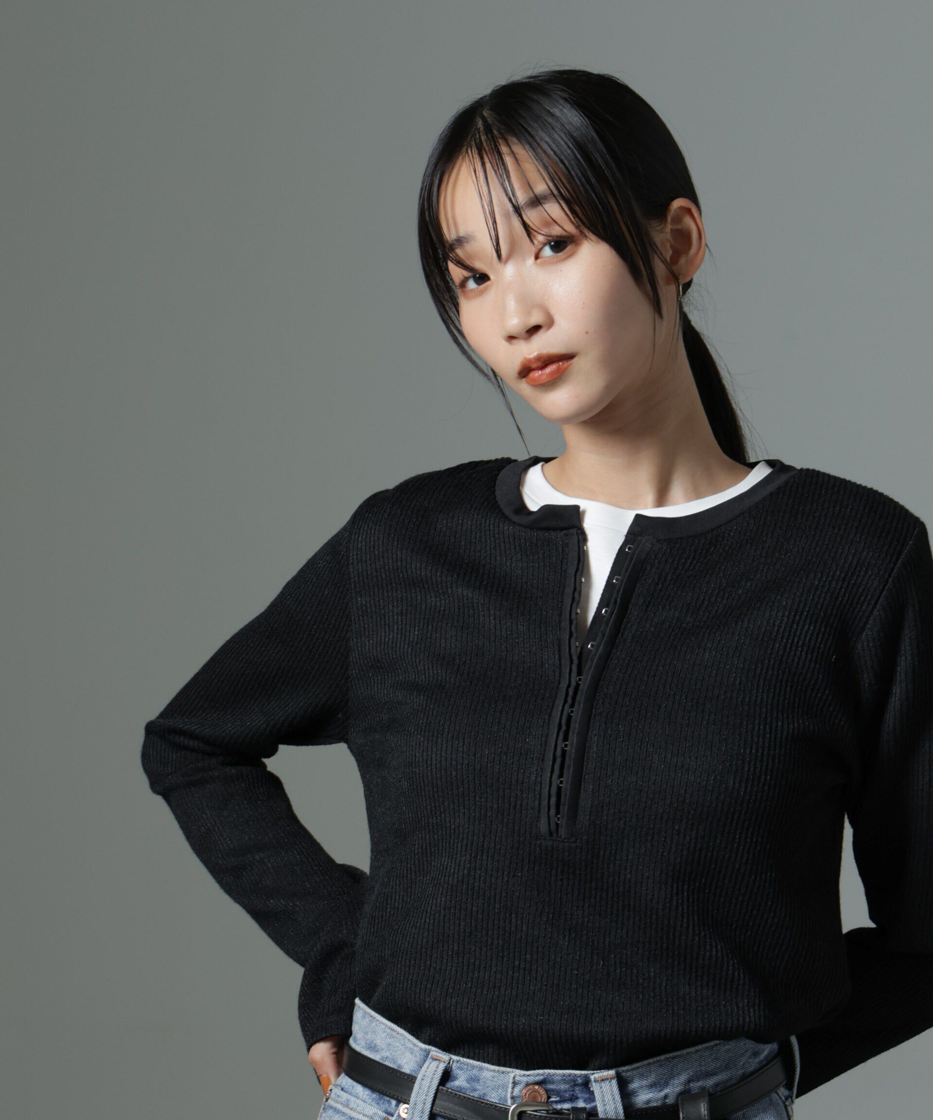 nano･universe「ホックヘンリーネックベルスリーブリブトップス」|Tシャツ・カットソー|ブラック