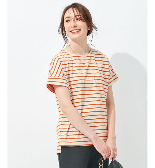 自由区「【洗える/UVケア】ボーダー タックデザインカットソー」|Tシャツ・カットソー|ベージュ系2