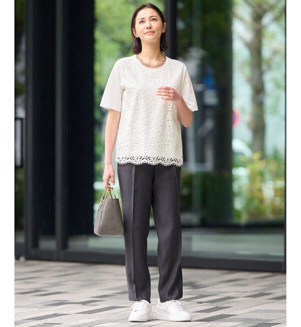 自由区「【XSサイズ～/洗える】レースコンビ Tシャツ」|Tシャツ・カットソー|